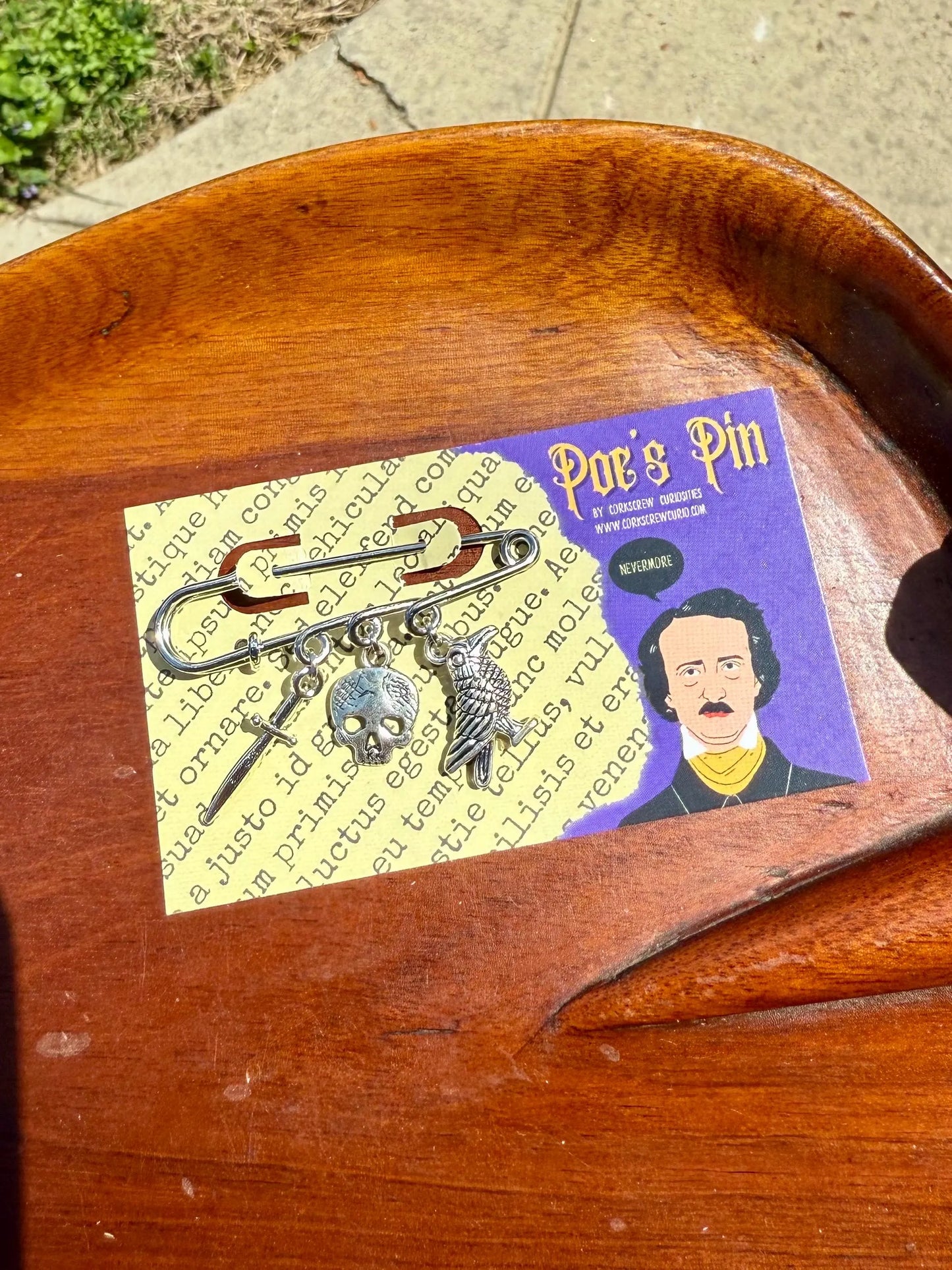 Edgar Allan Poe Safety Pin Brooch Bag Charm, Bookish Accessory